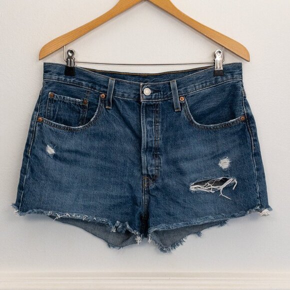 Levi's 501 High Rise Distressed Denim Cutoff Shorts Size W32 Vintage Blue - Picture 1 of 4